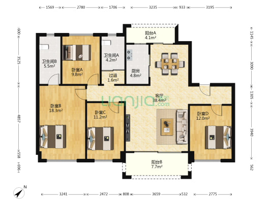 西南上城映山府 4室1厅2卫 142平方