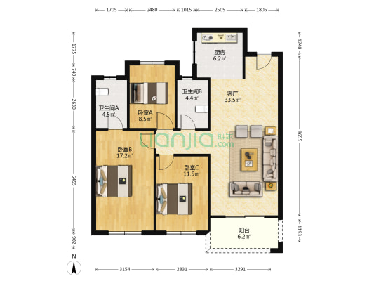 恒达和园 3室1厅2卫 117平方
