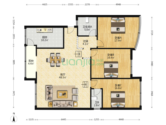 华光公寓 3室1厅2卫 162平方