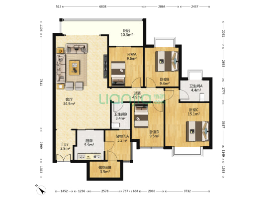 恒安花园 4室1厅2卫 143平方