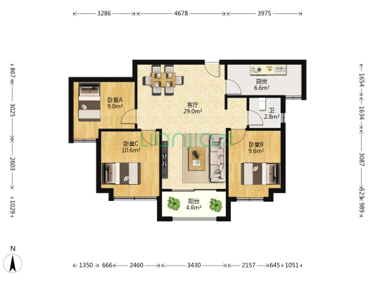爱丁堡三号院 3室1厅1卫 108平方
