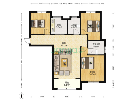 皇家驿站锦园 3室1厅2卫 116平方