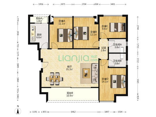 中凯华府 4室1厅2卫 126平方
