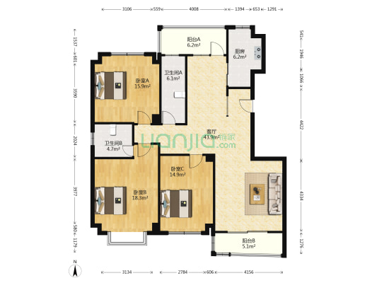德馨天骄 3室1厅2卫 153平方
