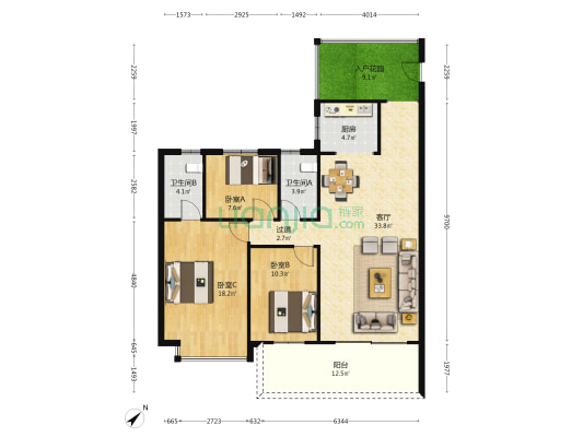 华林苑 3室1厅2卫 126平方