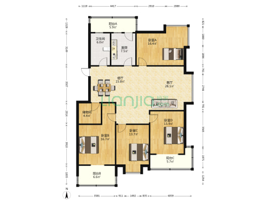 松涛苑 4室2厅1卫 176平方