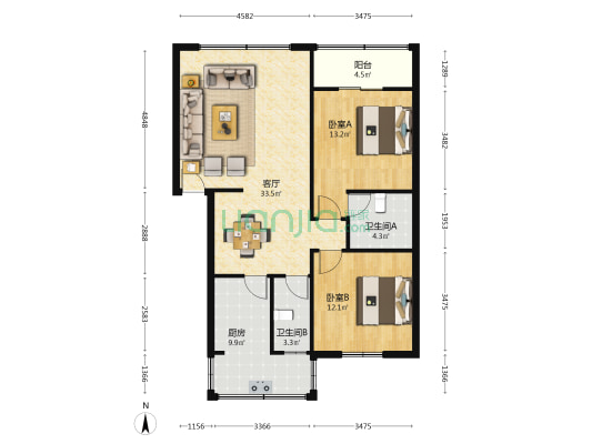 新南苑住宅楼 2室1厅2卫 96平方