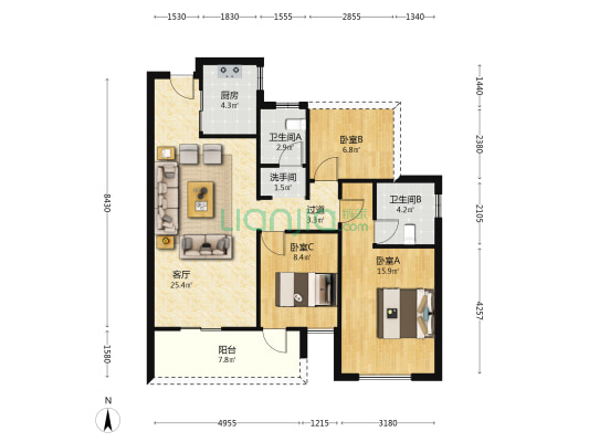 九颂中奥沃华|瑞府 3室1厅3卫 97平方