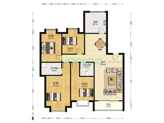 浮新小区西区 4室1厅2卫 143平方
