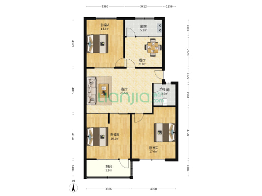 孟花园社区区外贸委宿舍 3室2厅1卫 122平方