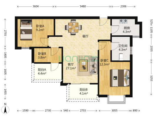 昆明新城吾悦广场 3室1厅1卫 98平方