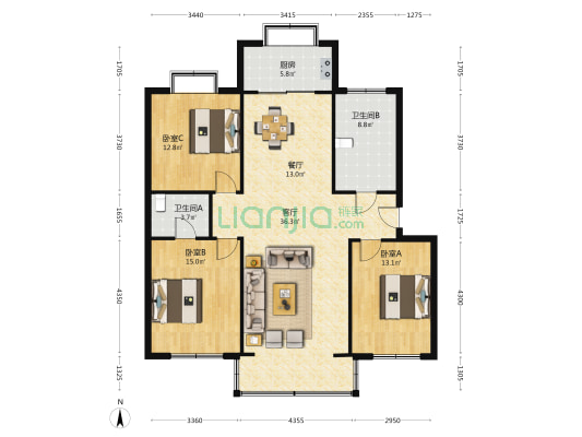 装饰公司家属楼 3室2厅2卫 127平方