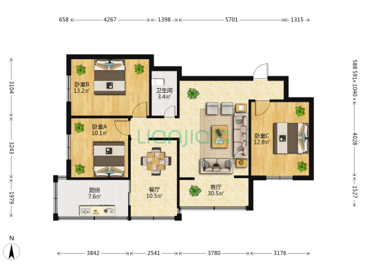 勤学巷12号院 3室2厅1卫 97平方