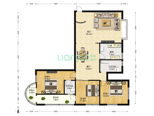 成新大厦 3室2厅2卫 153平方