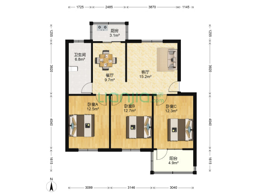 南阳路56号院 3室2厅1卫 90平方