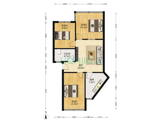 汪家湾路122号 3室1厅1卫 74平方