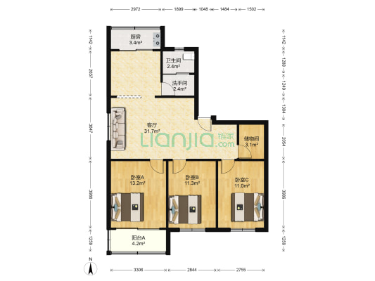 银通公寓 3室1厅2卫 107平方