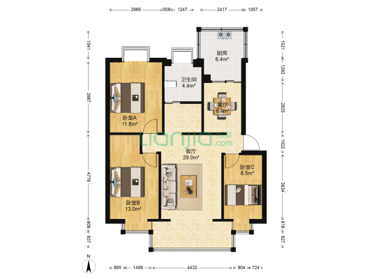 怡园小区 3室2厅1卫 85平方