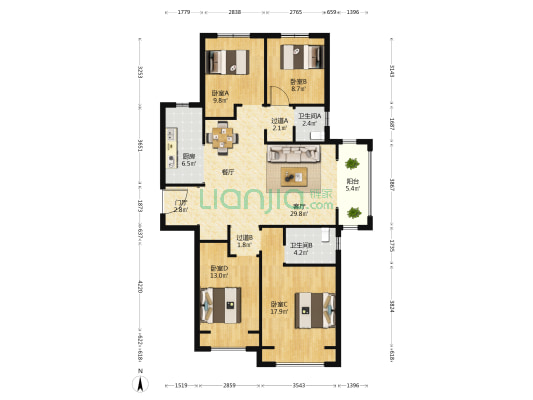 瀚宇天悦城二期 4室1厅2卫 141平方