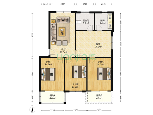 开屏里社区 3室2厅1卫 113平方