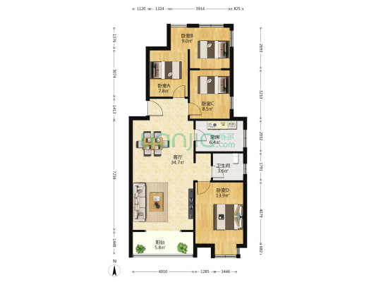 天悦花苑 4室1厅1卫 106平方