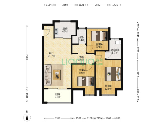 金辉海上风华 3室1厅2卫 88平方