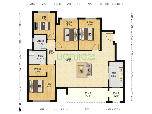 金地自在城艺境雅苑 4室1厅2卫 133平方