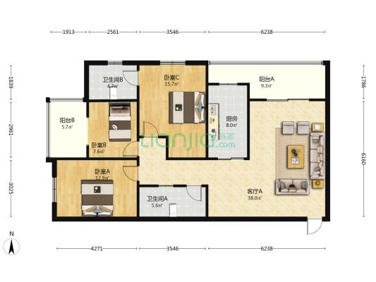 花果山路 3室1厅2卫 119平方