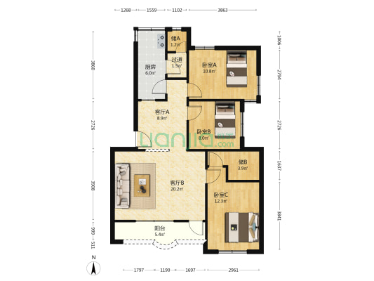 园丁花园小区 3室2厅0卫 93平方