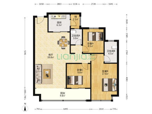 学府春天桃李园 3室1厅2卫 137平方