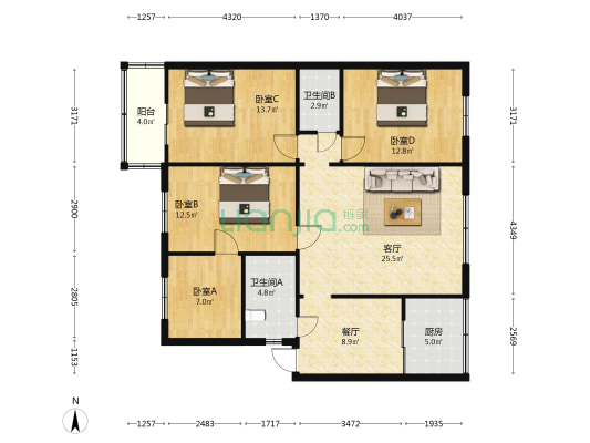昆明物理研究所生活区 4室2厅2卫 103平方