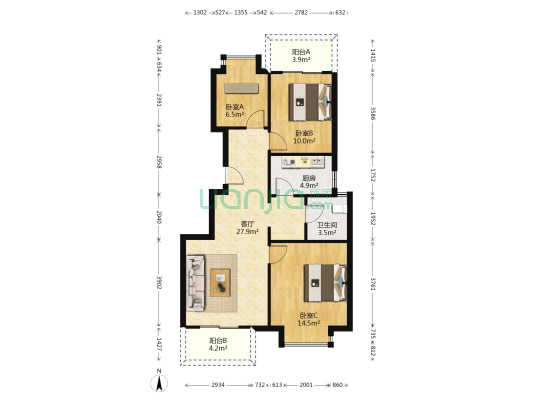 乐淘城 3室1厅1卫 87平方