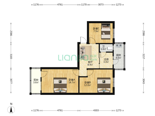 旧城街铁路宿舍 3室1厅1卫 69平方