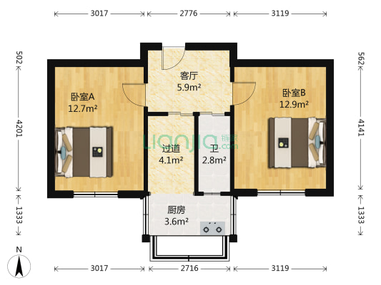 三中宿舍 2室1厅1卫 55平方