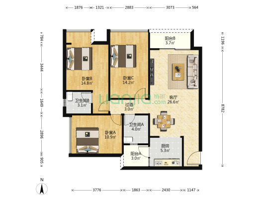 众越山水B区 3室1厅2卫 97平方