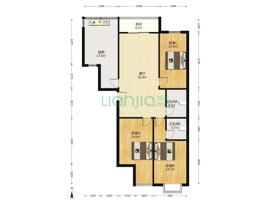 英华园 3室1厅2卫 128平方