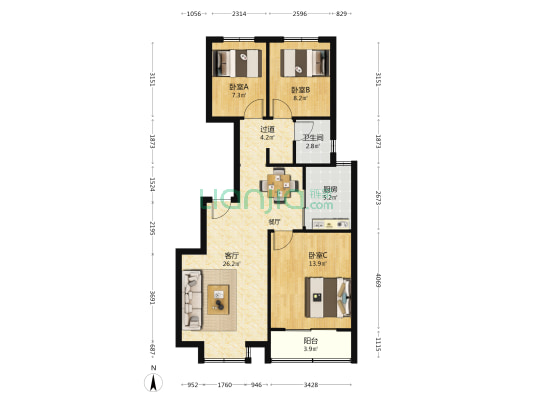 过驾院社区 3室1厅1卫 96平方
