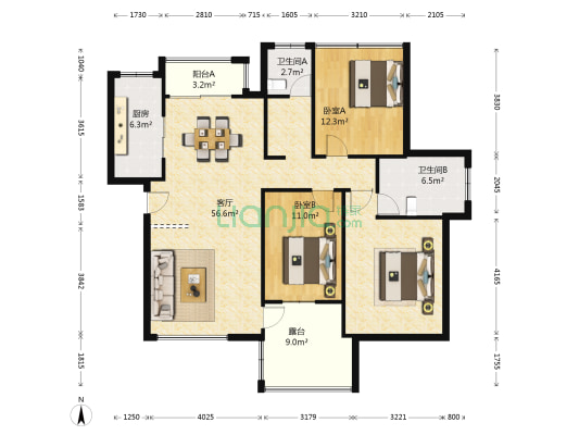 翠堤公寓 2室1厅2卫 123平方