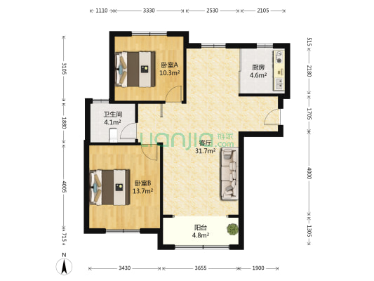 东方新天地 2室1厅1卫 104平方
