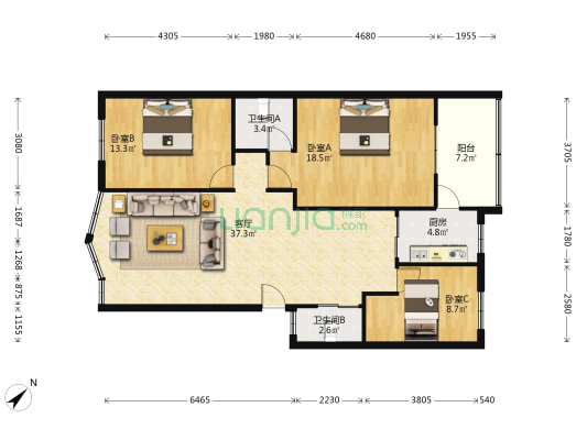 清花一路 3室1厅2卫 109平方
