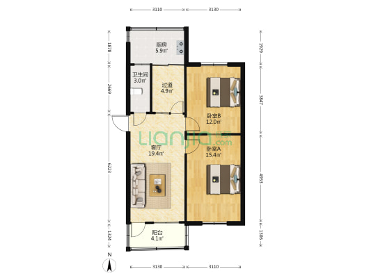市级机关宿舍二区（东院） 2室1厅1卫 75平方