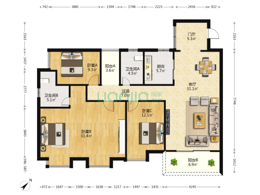 博雅花园 3室1厅2卫 138平方
