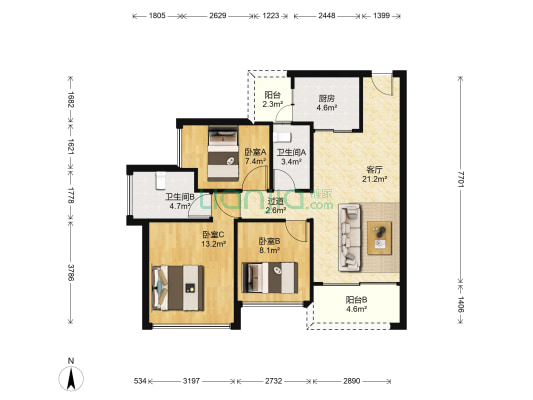 万豪水晶湾三期 3室1厅2卫 88平方