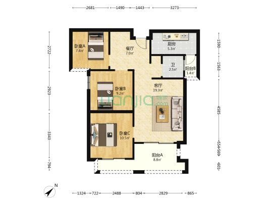 绿优城 3室2厅1卫 85平方