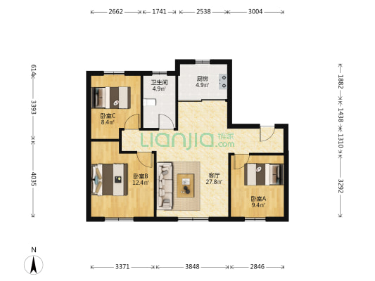 中车蓝月湾 3室1厅1卫 91平方