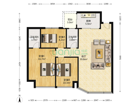 宏景中心 3室1厅2卫 120平方