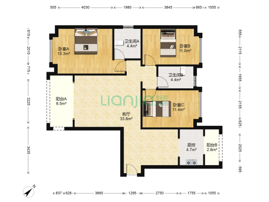 园方欧洲城 3室1厅2卫 119平方