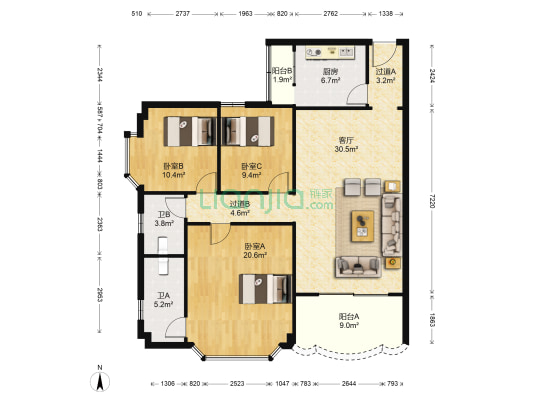 御景花园 3室1厅2卫 134平方