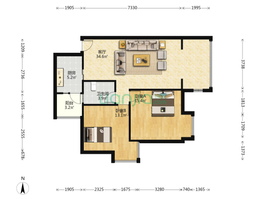 水乡茗居东区 2室1厅1卫 88平方