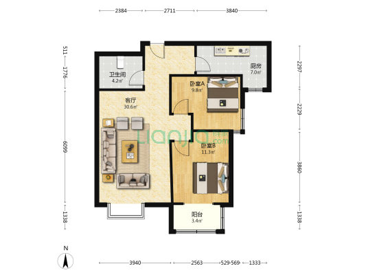 联合小区一号院，全南两居，证满五唯一-户型图